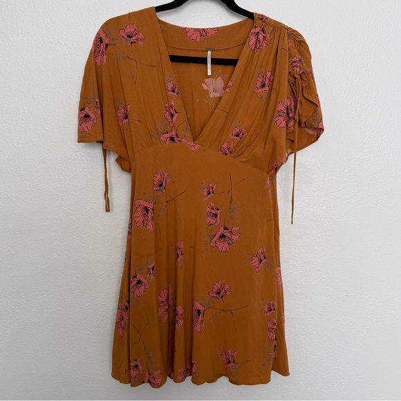 Free People Drapey Melanie Flutter Sleeve Mini Dress Mustard Combo - Picture 3 of 10